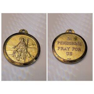 Signed Italy St Peregrine Medal Pendant Gold Tone Patron Saint Cancer Healing